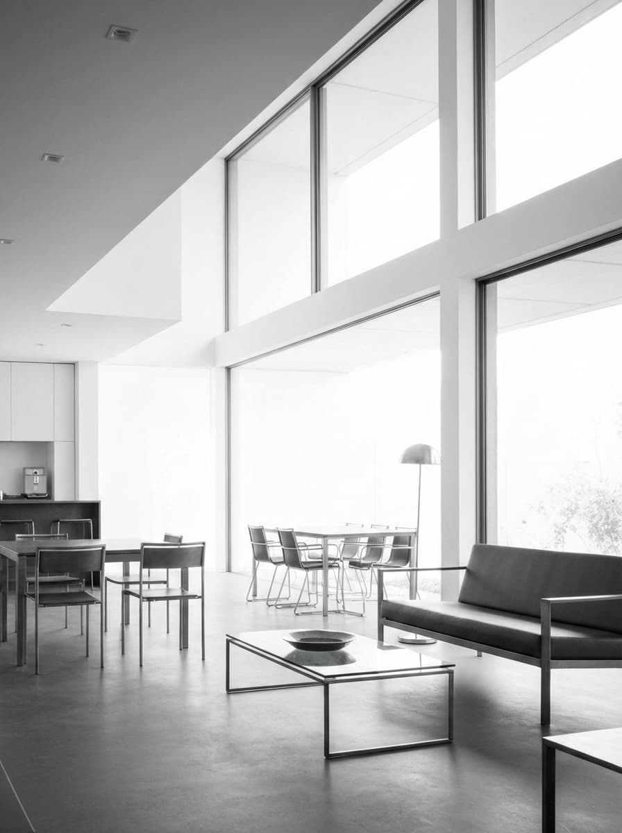 Modern minimalist oturma odası ve metal mobilyalar