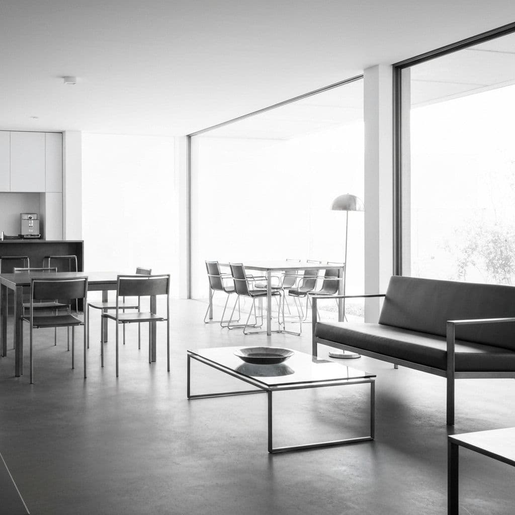 Modern minimalist oturma odası ve metal mobilyalar